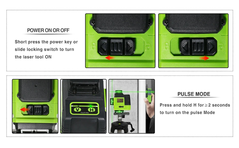 Self-Leveling 4D Green Laser Level by CLUBIONA - 16 Lines, Pulse Mode, 5000mAh Battery, w/Remote
