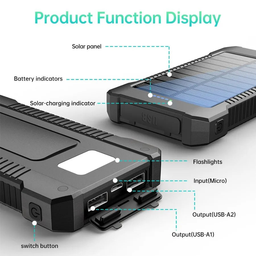 Compact Solar Power Bank Charger - 8000mAh Portable Battery with LED Light