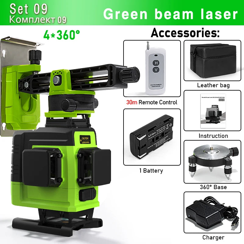 Self-Leveling 4D Green Laser Level by CLUBIONA - 16 Lines, Pulse Mode, 5000mAh Battery, w/Remote