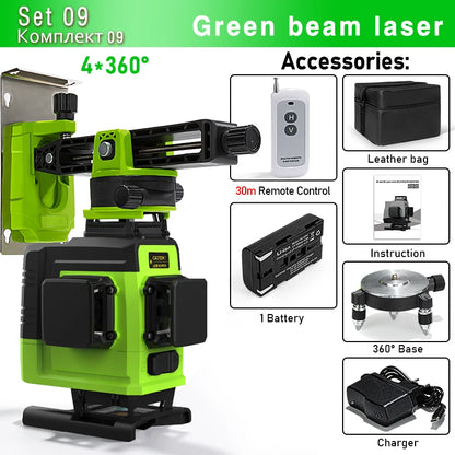 Self-Leveling 4D Green Laser Level by CLUBIONA - 16 Lines, Pulse Mode, 5000mAh Battery, w/Remote
