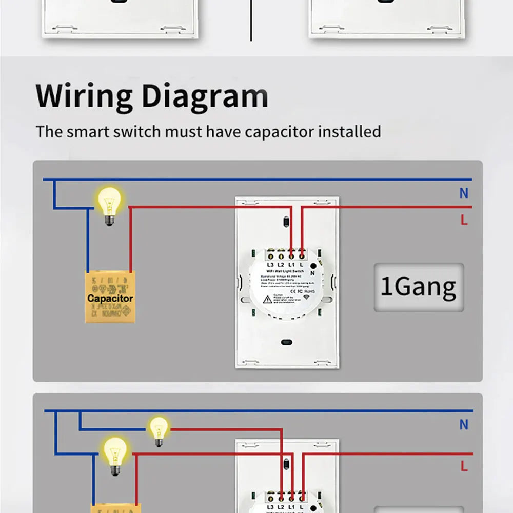 Interruptor de Pared Inteligente WiFi RF433 con Sensor Táctil para Luz LED, Sin Cable Neutro, Compatible con Alexa y Google Home