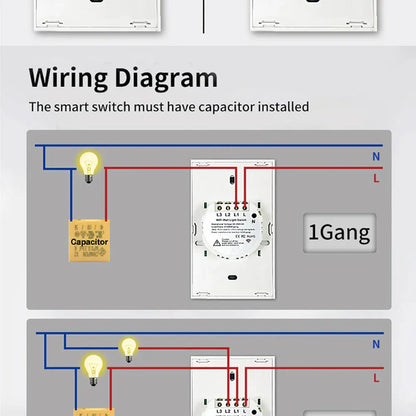 Interruptor de Pared Inteligente WiFi RF433 con Sensor Táctil para Luz LED, Sin Cable Neutro, Compatible con Alexa y Google Home