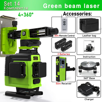 Self-Leveling 4D Green Laser Level by CLUBIONA - 16 Lines, Pulse Mode, 5000mAh Battery, w/Remote