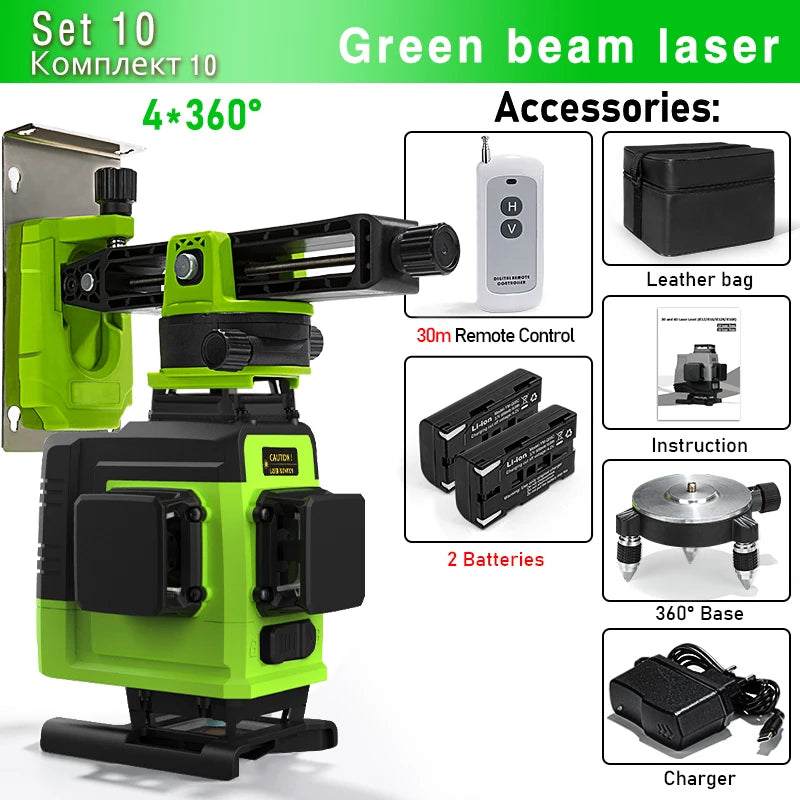Self-Leveling 4D Green Laser Level by CLUBIONA - 16 Lines, Pulse Mode, 5000mAh Battery, w/Remote