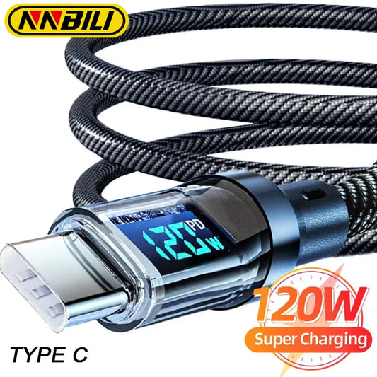 Cable USB Tipo C a Tipo C de 120W con Pantalla LED para Carga y Datos