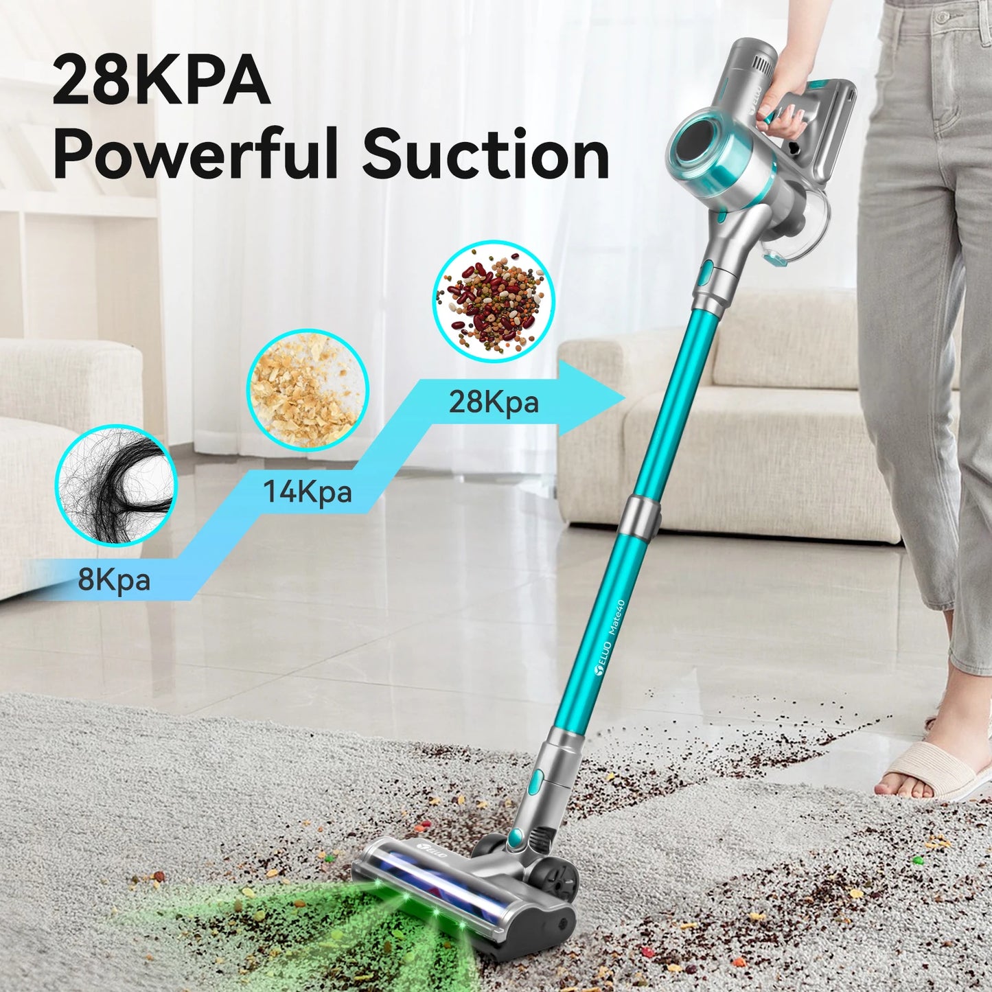 Lightweight E.LUO Cordless Vacuum with Powerful Suction & Dust Sensor - 60 Min Runtime, Perfect for Home, Pets & Auto