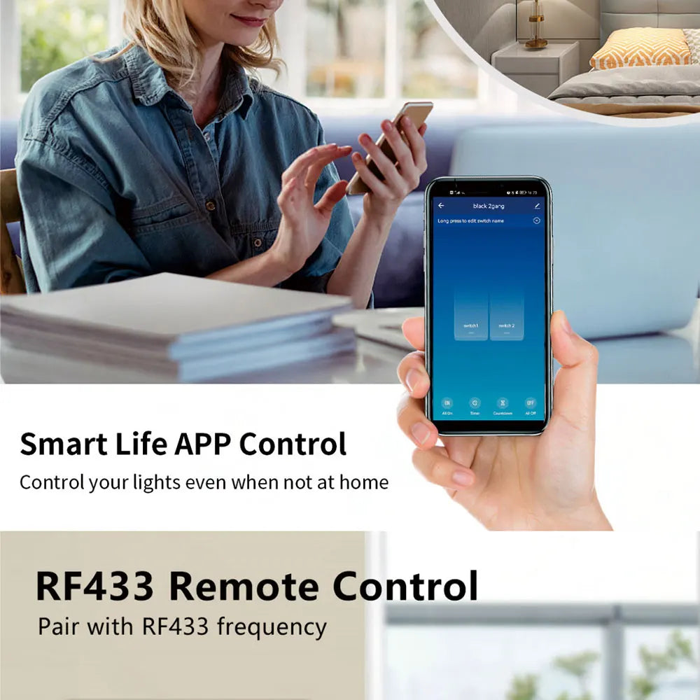 Interruptor de Pared Inteligente WiFi RF433 con Sensor Táctil para Luz LED, Sin Cable Neutro, Compatible con Alexa y Google Home