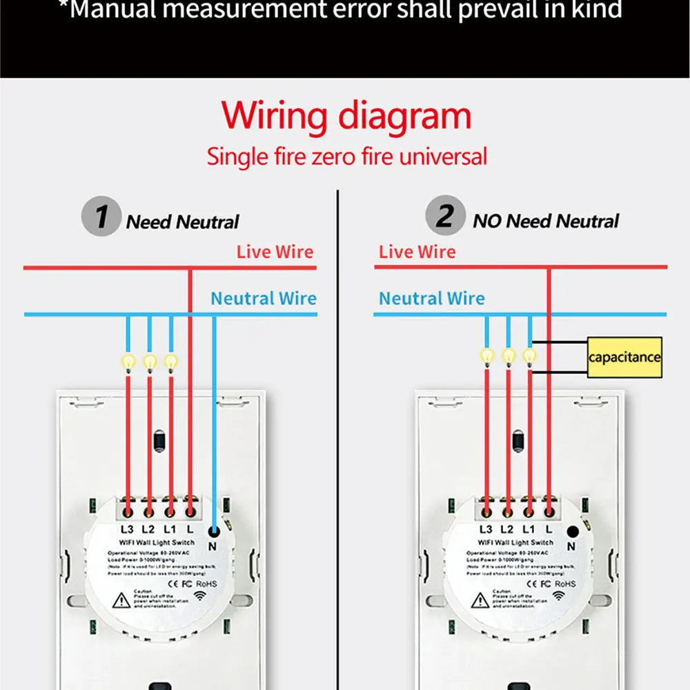 Interruptor de Pared Inteligente WiFi RF433 con Sensor Táctil para Luz LED, Sin Cable Neutro, Compatible con Alexa y Google Home
