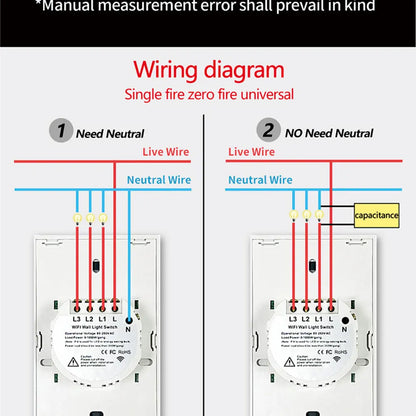 Interruptor de Pared Inteligente WiFi RF433 con Sensor Táctil para Luz LED, Sin Cable Neutro, Compatible con Alexa y Google Home