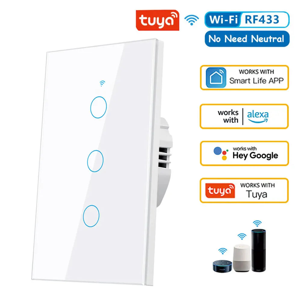 Interruptor de Pared Inteligente WiFi RF433 con Sensor Táctil para Luz LED, Sin Cable Neutro, Compatible con Alexa y Google Home