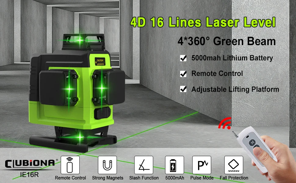 Self-Leveling 4D Green Laser Level by CLUBIONA - 16 Lines, Pulse Mode, 5000mAh Battery, w/Remote