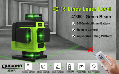 Self-Leveling 4D Green Laser Level by CLUBIONA - 16 Lines, Pulse Mode, 5000mAh Battery, w/Remote