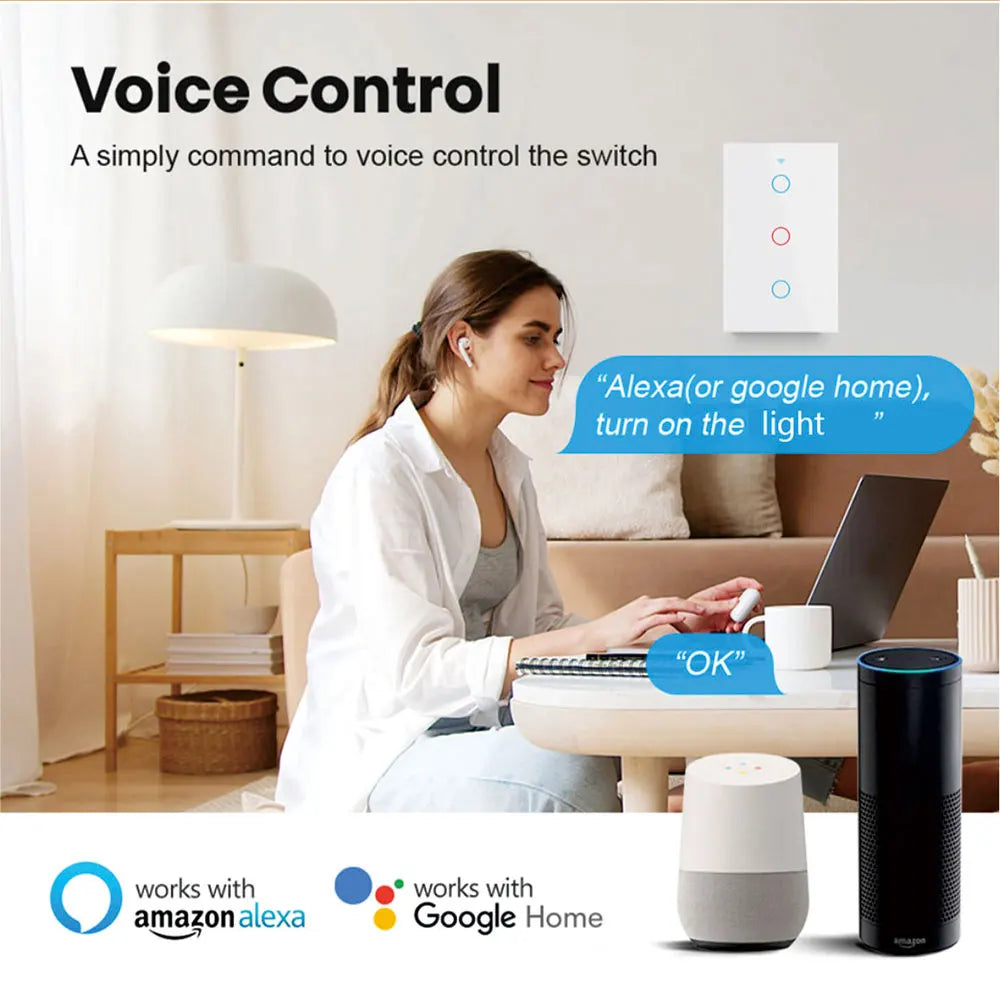 Interruptor de Pared Inteligente WiFi RF433 con Sensor Táctil para Luz LED, Sin Cable Neutro, Compatible con Alexa y Google Home