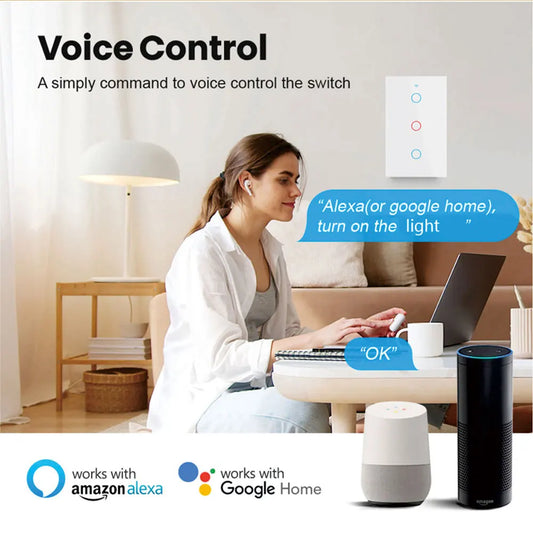 Interruptor de Pared Inteligente WiFi RF433 con Sensor Táctil para Luz LED, Sin Cable Neutro, Compatible con Alexa y Google Home